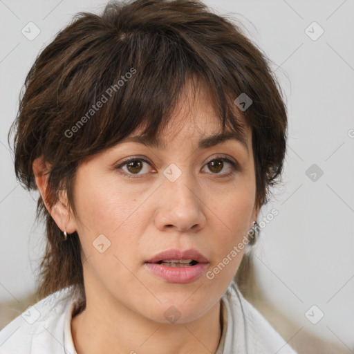 Neutral white adult female with medium  brown hair and brown eyes