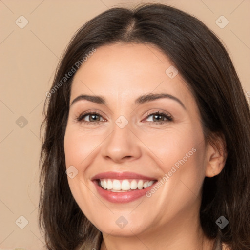 Joyful white young-adult female with medium  brown hair and brown eyes