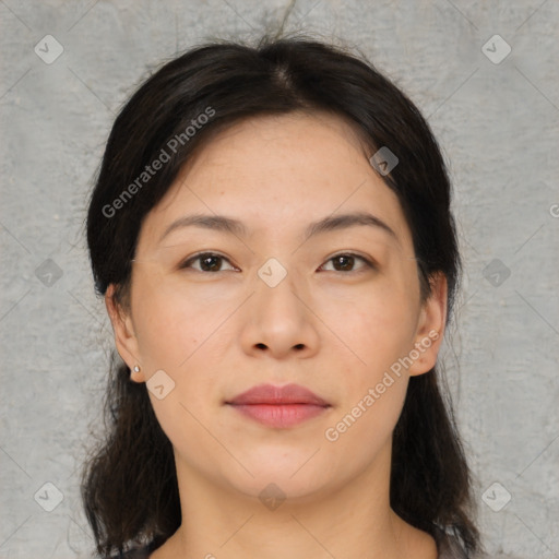 Neutral asian young-adult female with medium  brown hair and brown eyes