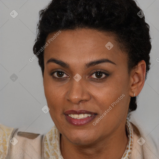 Joyful latino young-adult female with short  brown hair and brown eyes