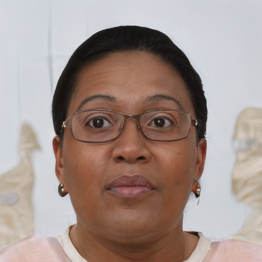 Neutral latino adult female with short  brown hair and brown eyes