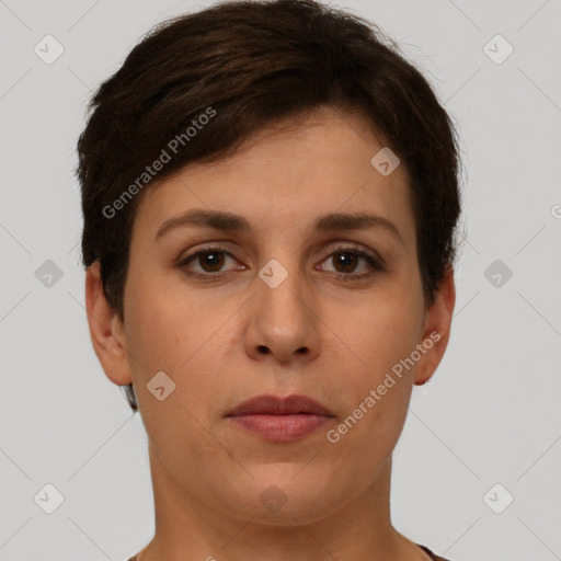 Neutral white young-adult female with short  brown hair and brown eyes