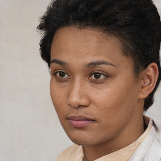 Neutral black young-adult female with short  brown hair and brown eyes