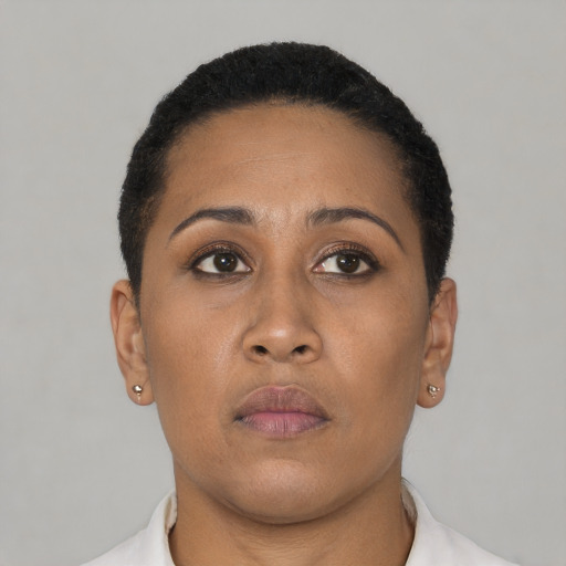 Neutral black young-adult female with short  brown hair and brown eyes