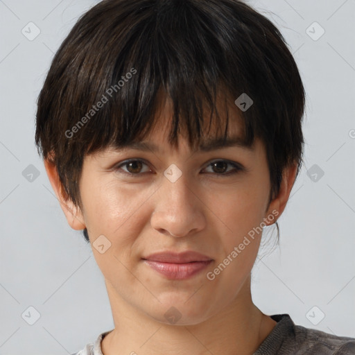 Joyful white young-adult female with medium  brown hair and brown eyes