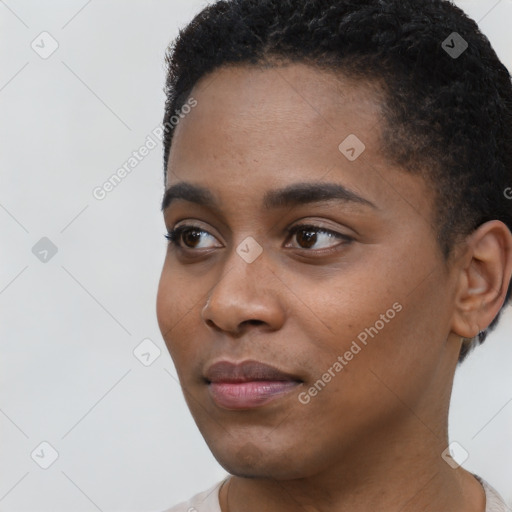 Neutral black young-adult female with short  black hair and brown eyes