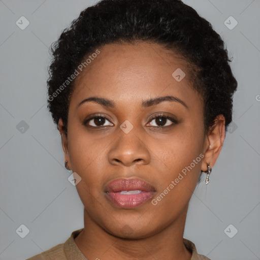 Neutral black young-adult female with short  black hair and brown eyes