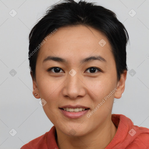 Joyful latino young-adult female with short  brown hair and brown eyes