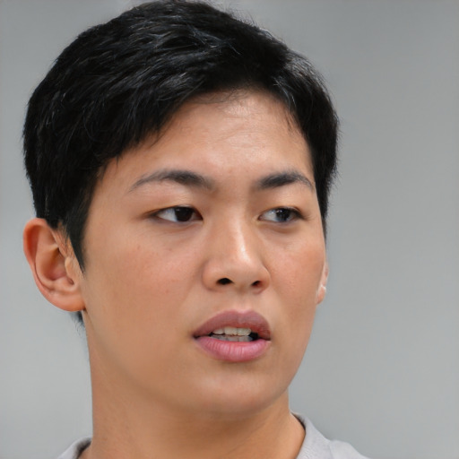 Neutral asian young-adult female with short  brown hair and brown eyes