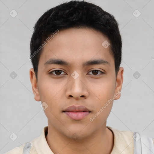 Neutral asian young-adult male with short  black hair and brown eyes