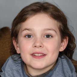 Joyful white child female with medium  brown hair and blue eyes
