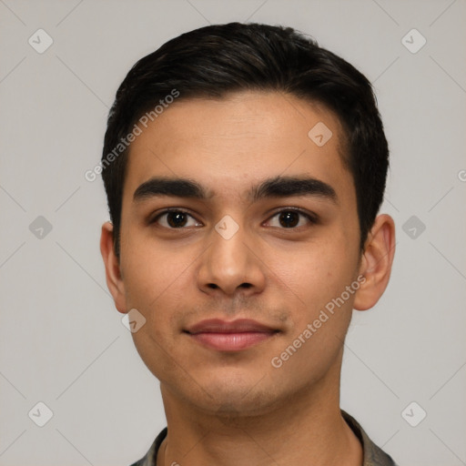 Neutral latino young-adult male with short  black hair and brown eyes