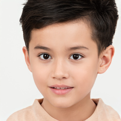 Joyful white child male with short  brown hair and brown eyes