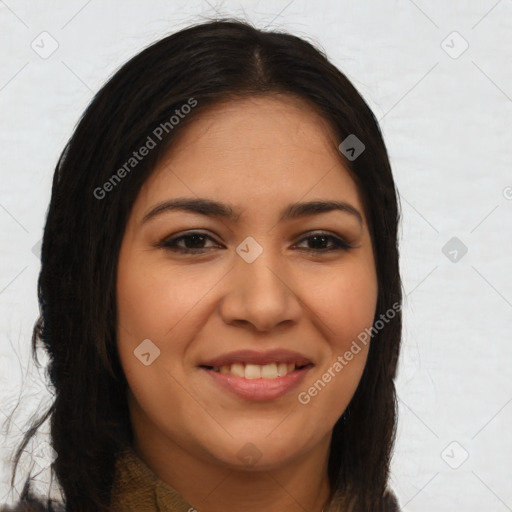 Joyful latino young-adult female with long  brown hair and brown eyes