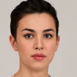 Neutral white young-adult female with short  brown hair and brown eyes