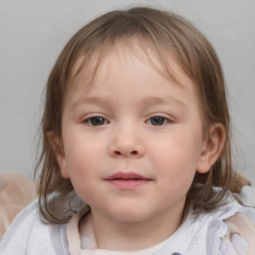 Neutral white child female with medium  brown hair and blue eyes