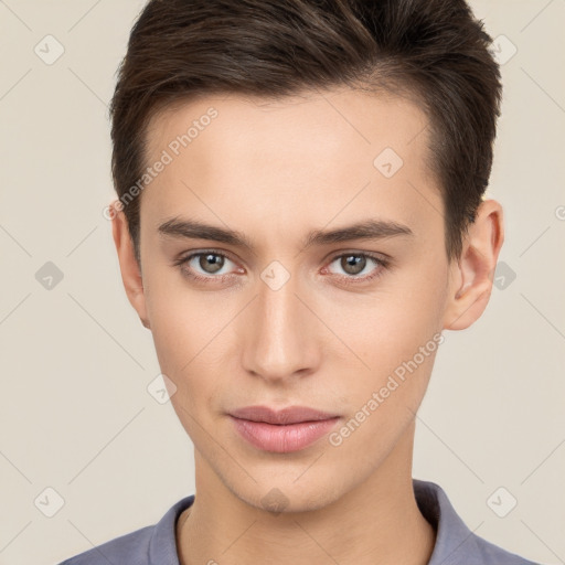 Neutral white young-adult male with short  brown hair and brown eyes