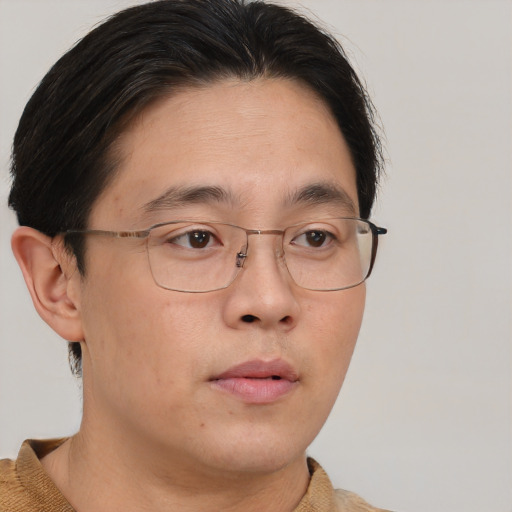 Neutral asian adult male with short  brown hair and brown eyes