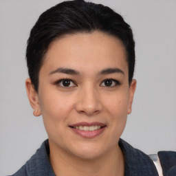 Joyful asian young-adult female with short  black hair and brown eyes