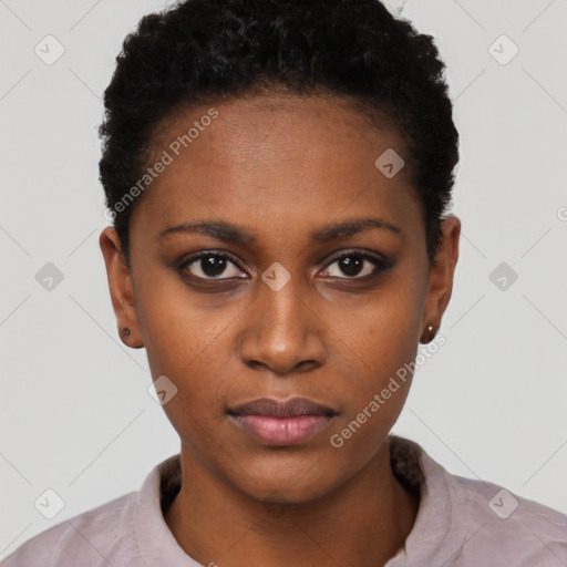 Neutral black young-adult female with short  black hair and brown eyes