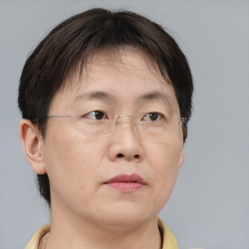Neutral asian adult male with short  brown hair and brown eyes