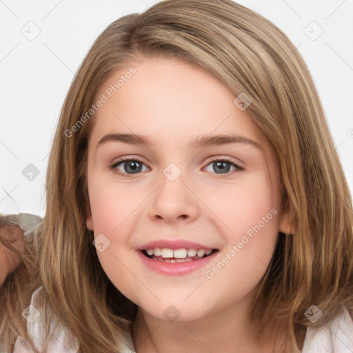 Joyful white child female with medium  brown hair and brown eyes