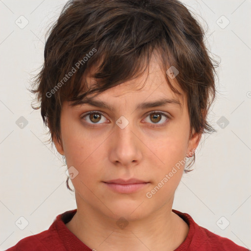 Neutral white young-adult female with short  brown hair and brown eyes