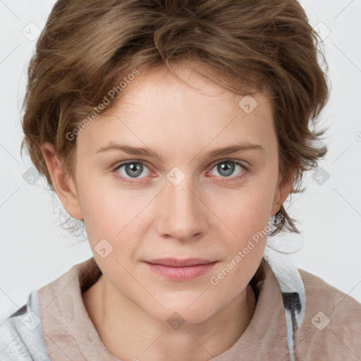 Joyful white young-adult female with medium  brown hair and blue eyes