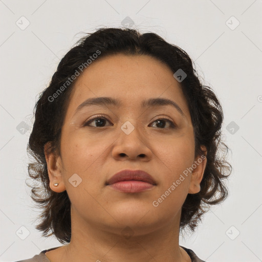 Neutral asian young-adult female with medium  brown hair and brown eyes