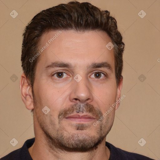 Neutral white adult male with short  brown hair and brown eyes