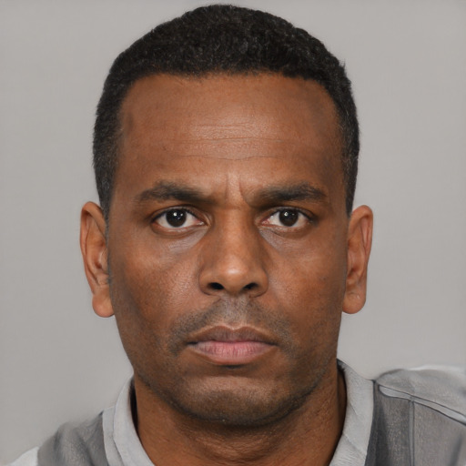 Neutral black adult male with short  black hair and brown eyes