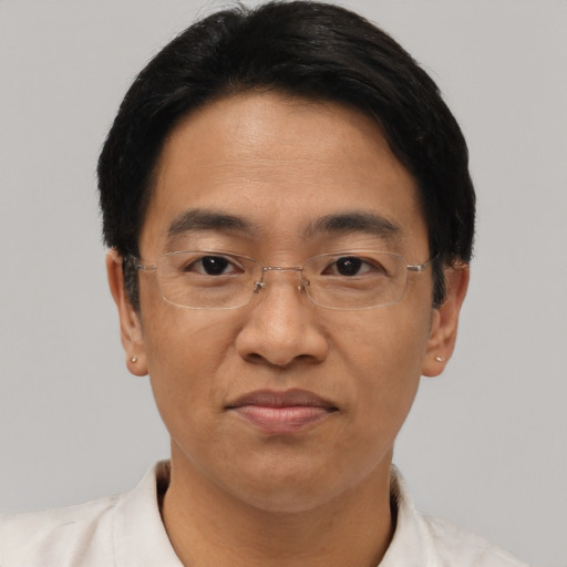 Joyful asian adult male with short  black hair and brown eyes
