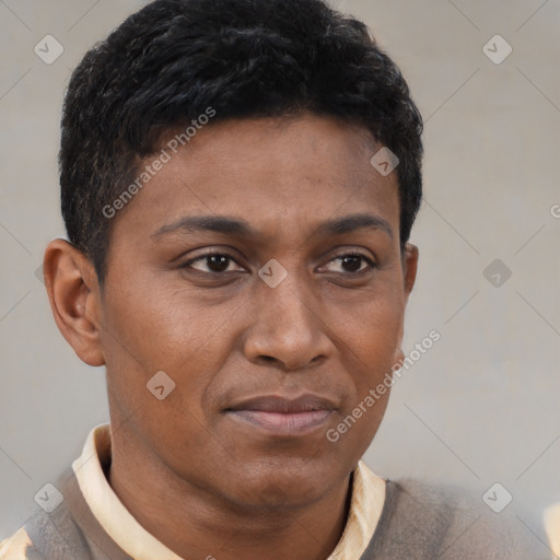 Neutral latino young-adult male with short  brown hair and brown eyes