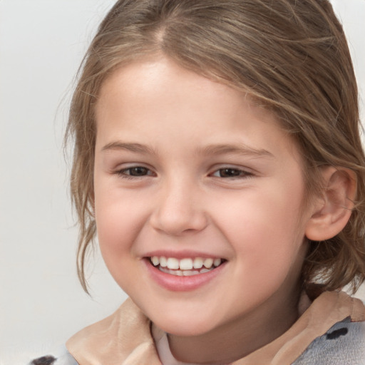 Joyful white child female with medium  brown hair and brown eyes