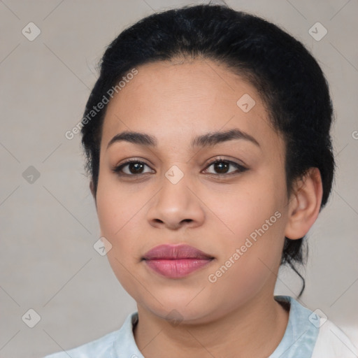 Joyful asian young-adult female with short  black hair and brown eyes