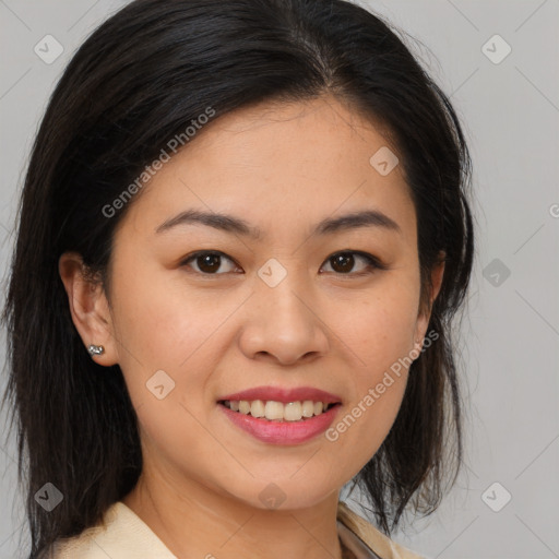 Joyful asian young-adult female with medium  brown hair and brown eyes