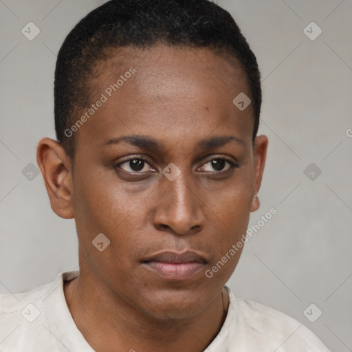 Neutral black young-adult female with short  brown hair and brown eyes