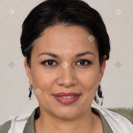 Joyful white adult female with short  brown hair and brown eyes