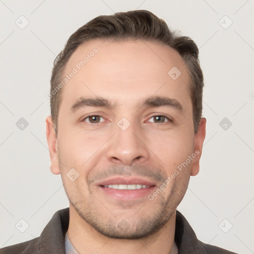 Joyful white young-adult male with short  brown hair and brown eyes