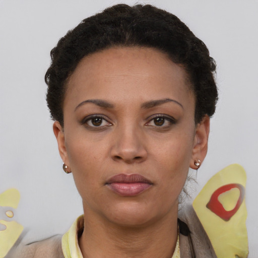 Neutral black young-adult female with short  brown hair and brown eyes