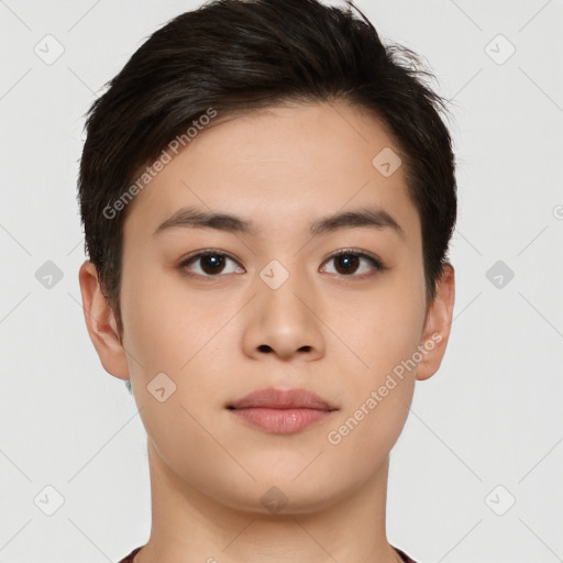 Neutral white young-adult female with short  brown hair and brown eyes