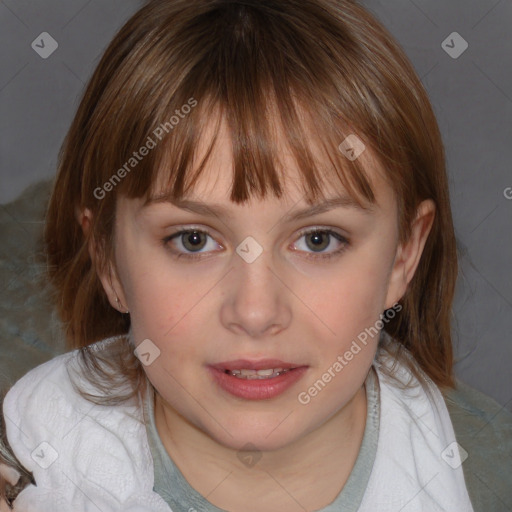 Joyful white child female with medium  brown hair and brown eyes