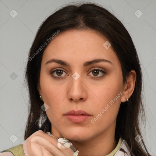 Neutral white young-adult female with medium  brown hair and brown eyes