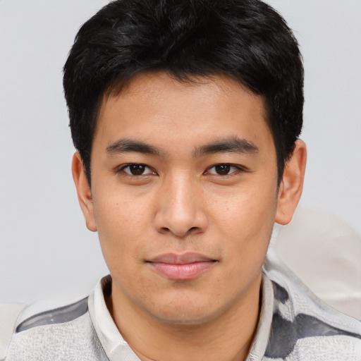 Neutral asian young-adult male with short  brown hair and brown eyes