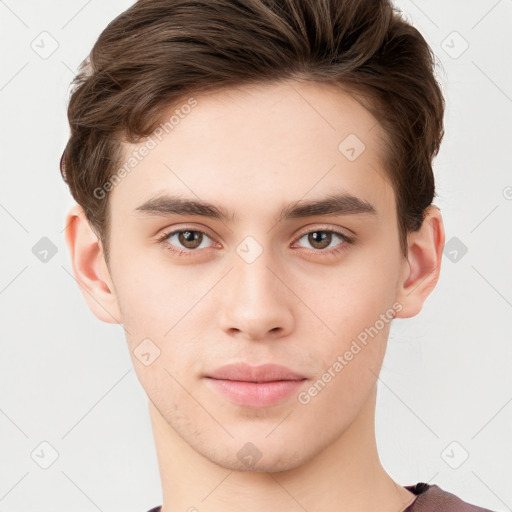 Neutral white young-adult male with short  brown hair and brown eyes