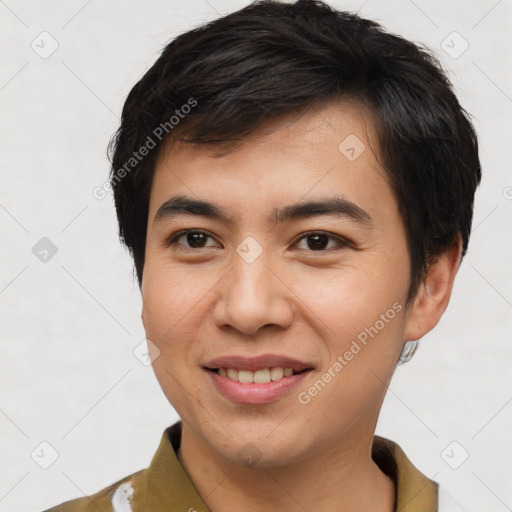 Joyful white young-adult male with short  brown hair and brown eyes