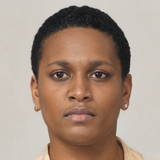Neutral black young-adult female with short  brown hair and brown eyes