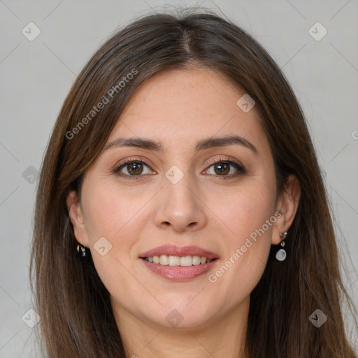 Joyful white young-adult female with long  brown hair and grey eyes