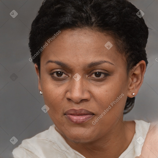 Joyful black adult female with short  brown hair and brown eyes