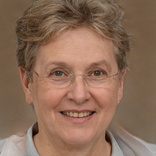 Joyful white middle-aged female with short  brown hair and grey eyes